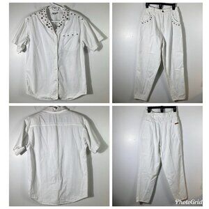 Womens Vintage Dreams 2 Piece Studded Mom Jeans‎ Button Shirt Set White 26" READ